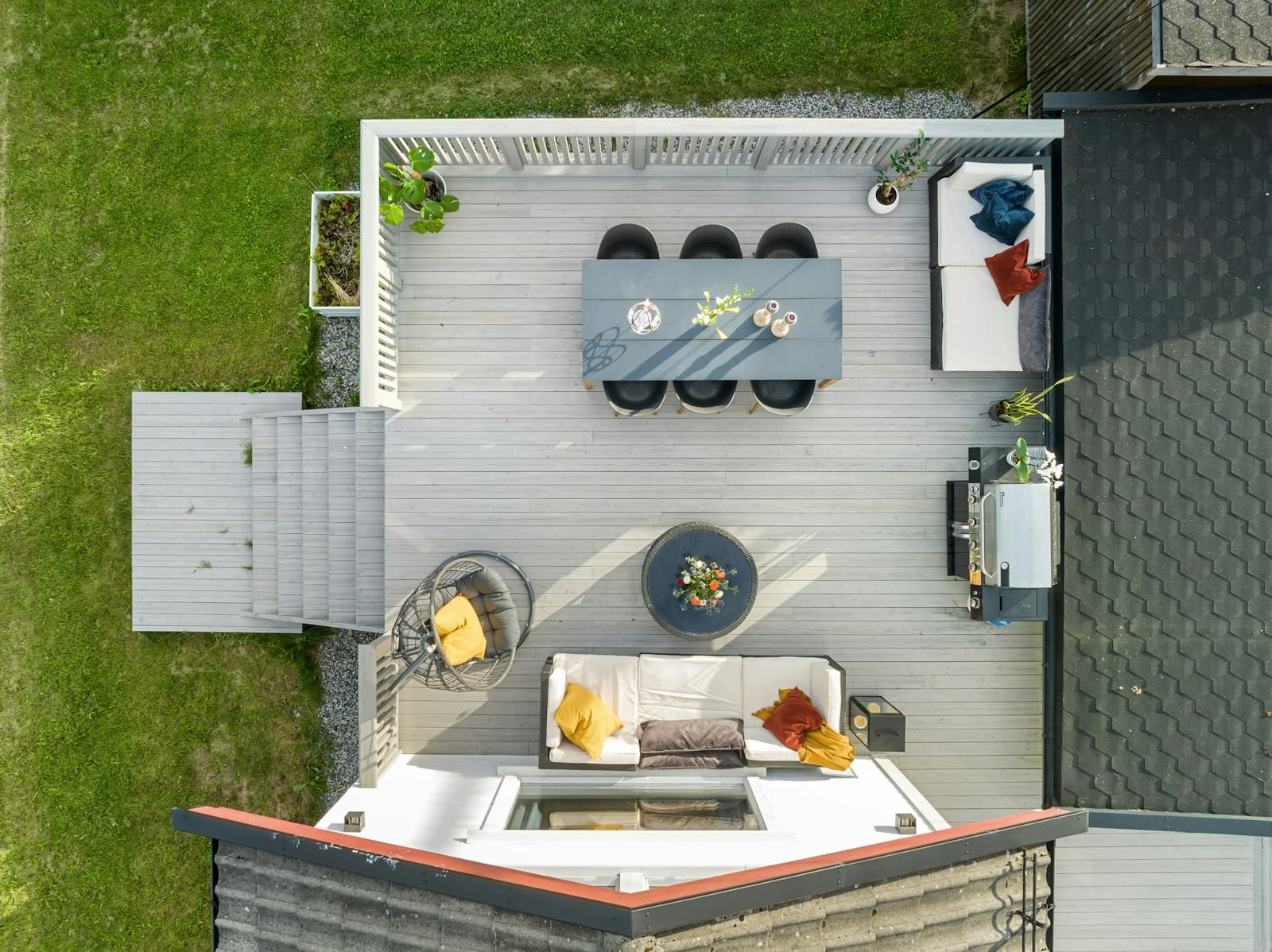 Aerial view of paver patio with pool