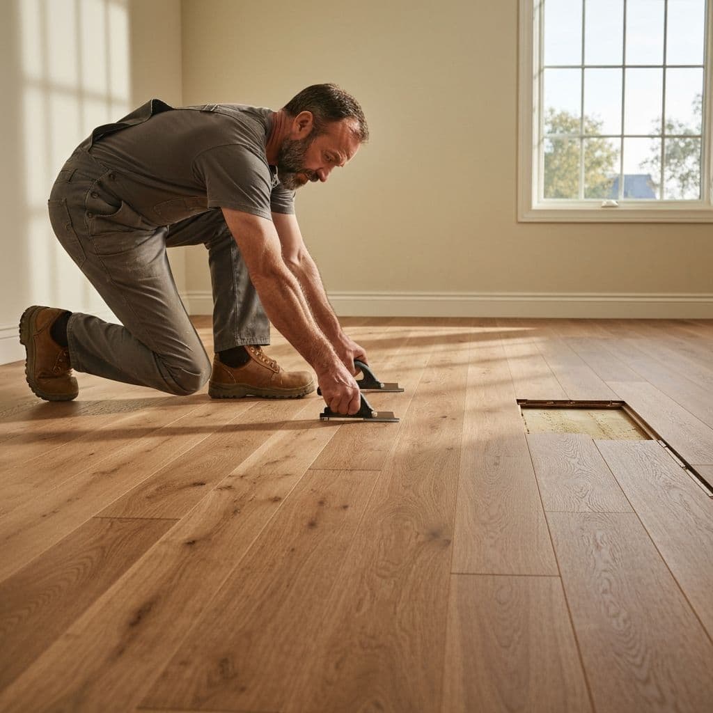 Professional craftsman installing flooring