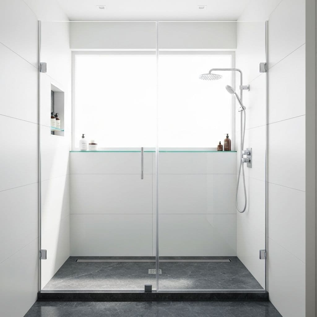 Modern bathroom with frameless glass walk-in shower