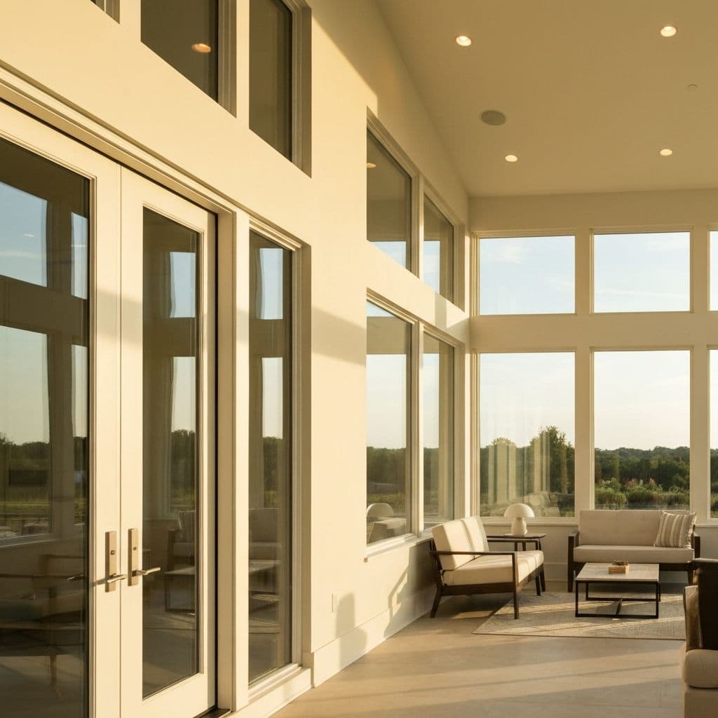 Modern home addition sunroom with large windows